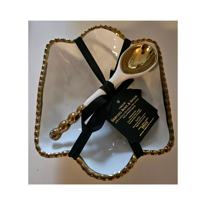 6.5" White and Gold Beaded Bowl with Spoon