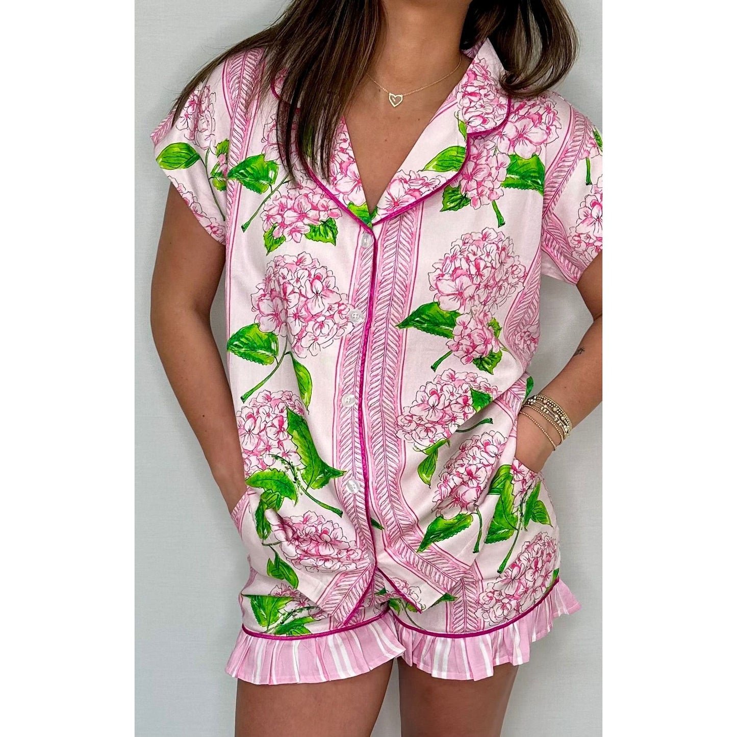 Pink Hydrangea Luxe Ruffled Pajama Summer Set