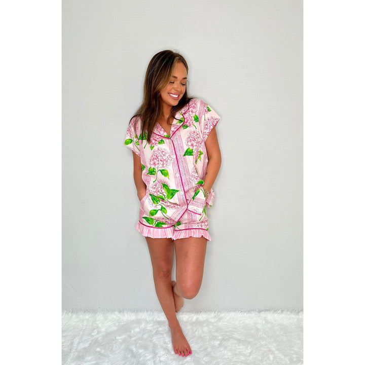 Pink Hydrangea Luxe Ruffled Pajama Summer Set