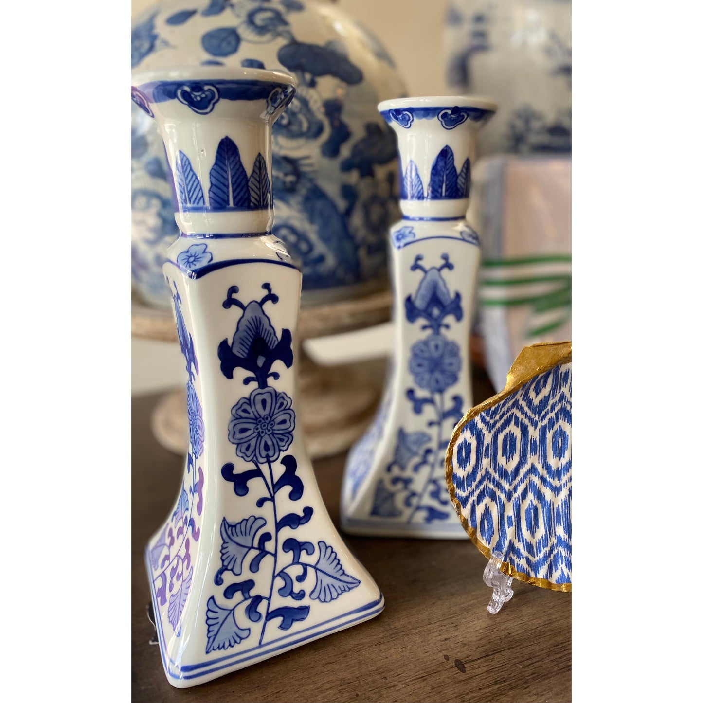 Blue and White Tall Candlestick Set (Set of 2)