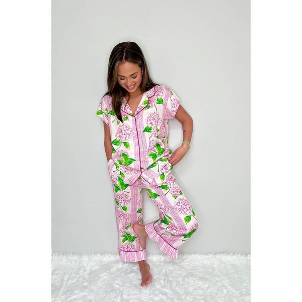 Pink Hydrangea Luxe Ruffled Capri Pajama Summer Set