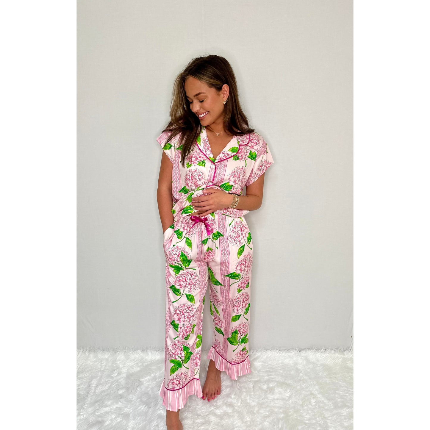 Pink Hydrangea Luxe Ruffled Capri Pajama Summer Set