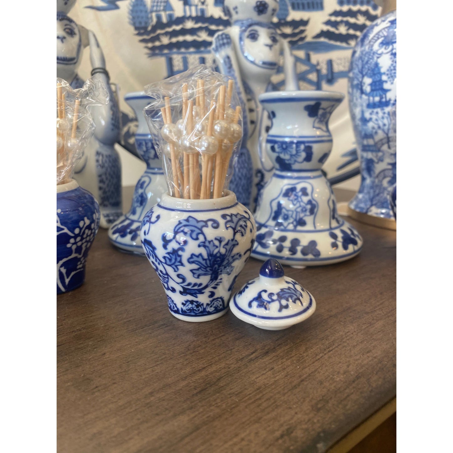 Blue and White Ginger Jar Toothpick Holder with Pearl Handle Toothpicks