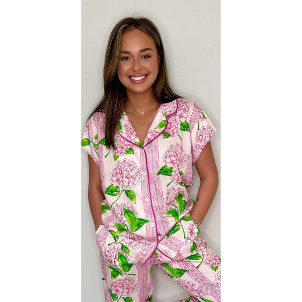 Pink Hydrangea Luxe Ruffled Capri Pajama Summer Set