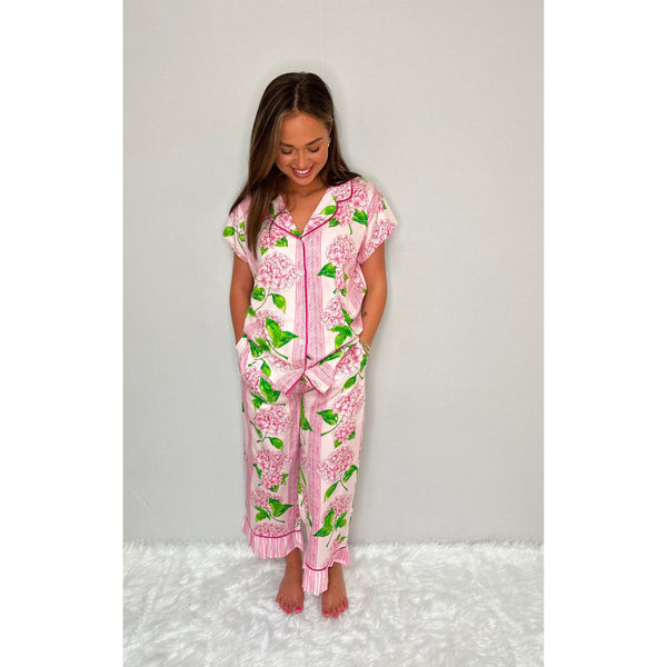 Pink Hydrangea Luxe Ruffled Capri Pajama Summer Set