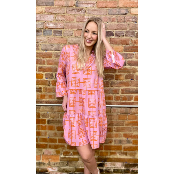 Violate Pink and Orange Greek Key Dress  Simply Stated Boutique and  Interiors
