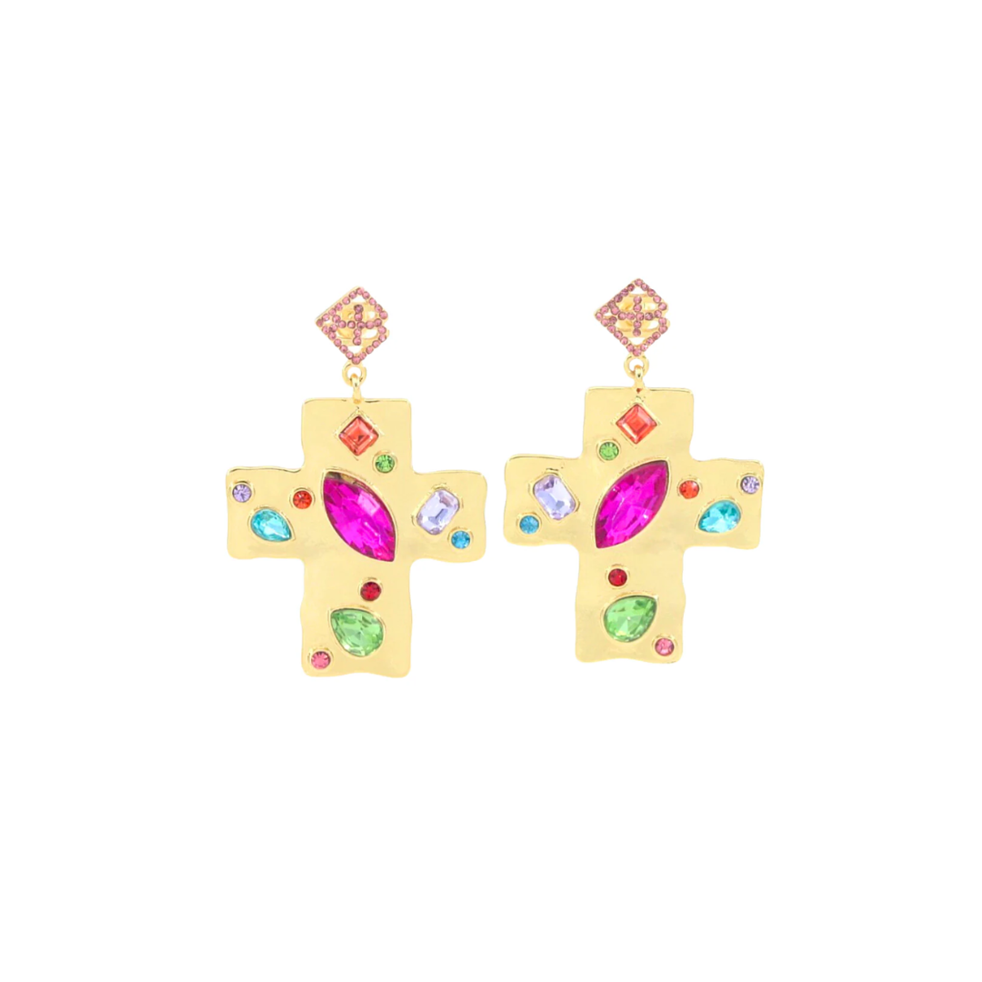 Hammered Gold Cross Earrings with Multicolored Jewels