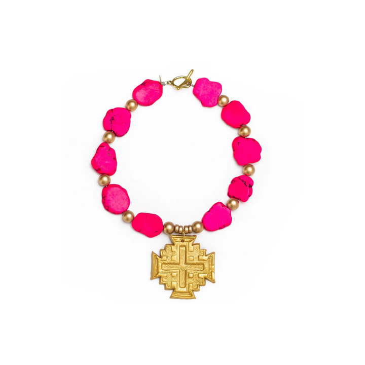 Hot Pink Jade Nuggets with Jerusalem Cross Necklace