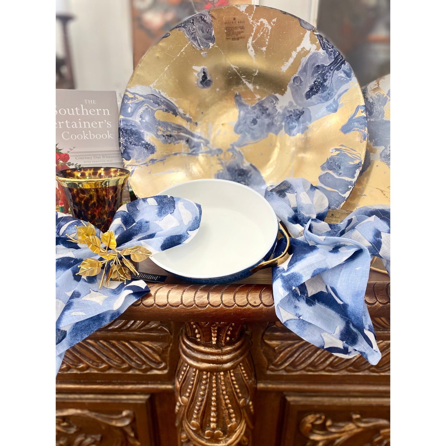 Beatriz Ball New Orleans Glass Blue and Gold Marble Extra Large Centerpiece Bowl