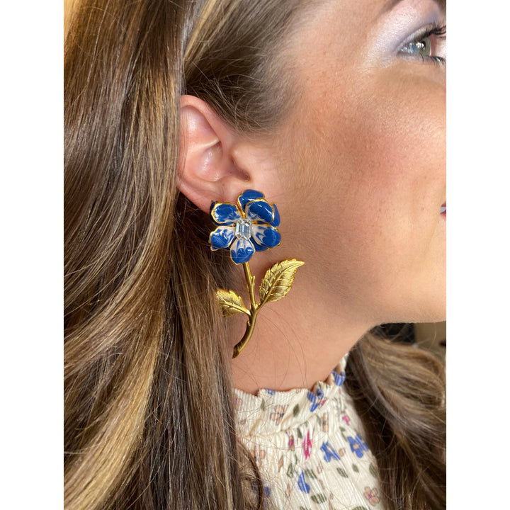 Hand Painted Blue Floral Earring with Stem